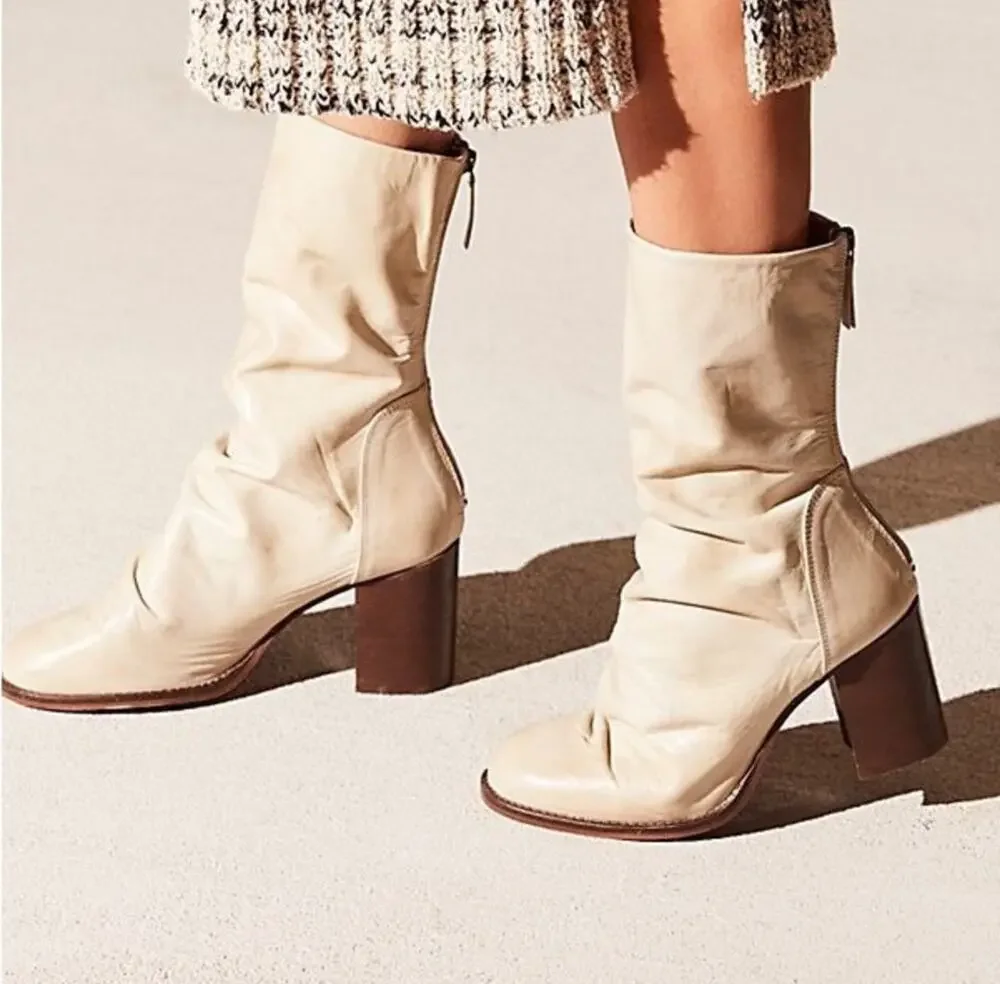FREE PEOPLE Elle Boots Size 10 NEW Slouchy Leather Block Heel NWT/Box Beige Boho